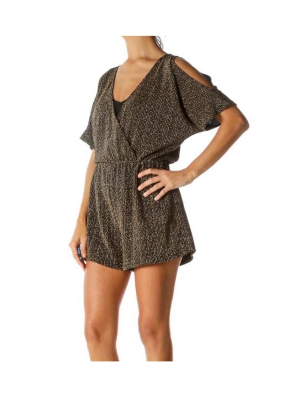 ASTR The Label Cold Shoulder Romper Metallic Gold Medium